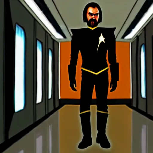 Image similar to a Klingon standing in a Star Trek Federation hallway