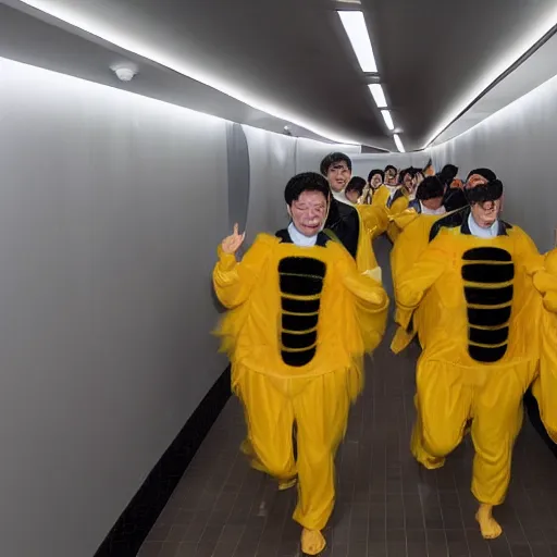 Prompt: several men with bee costumes and bee wings running down the corridor of a capsule hotel