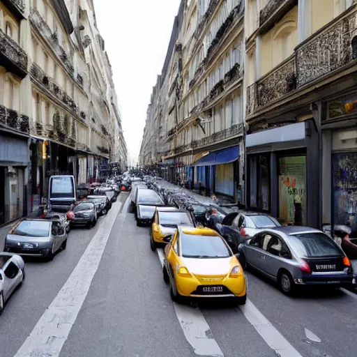 Prompt: une rue de paris vide avec des voitures garees