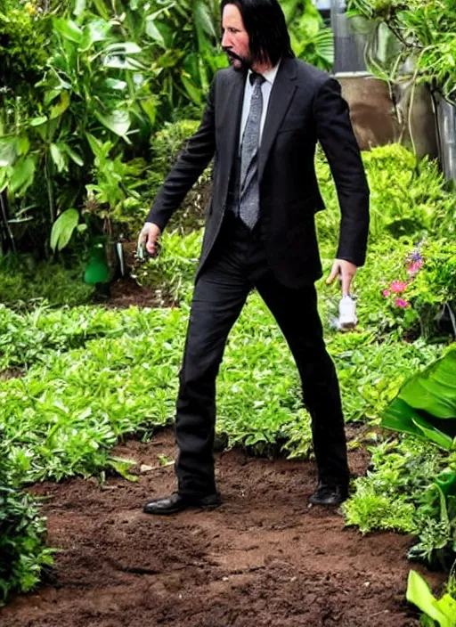 Prompt: keanu reeves as johnny silverhand working in a garden, wake up samurai, solarpunk, lots of plants, gardening, permaculture, cyberpunk 2 0 7 7, anarchy, realistic, ultra detailed