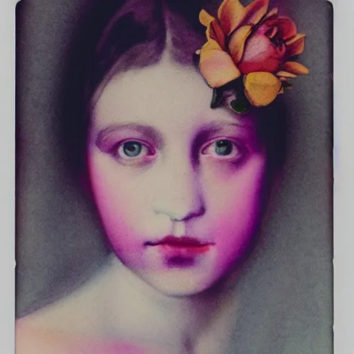 Prompt: close up of a girl morphing into flowers, watercolor vintage polaroid by gottfried helnwein, by hammershøi, art noveau, highly detailed, lights by edward hopper, liminal, eerie, bright pastel colors