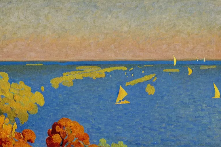 Image similar to A sprawling high resolution abstract landscape painting of the Chesapeake bay in the fall, bathed in golden light, peaceful, sailboats, birds in the distance, golden ratio, fauvisme, art du XIXe siècle, oil on canvas by André Derain, Albert Marquet, Auguste Herbin, Louis Valtat, Musée d'Orsay catalogue