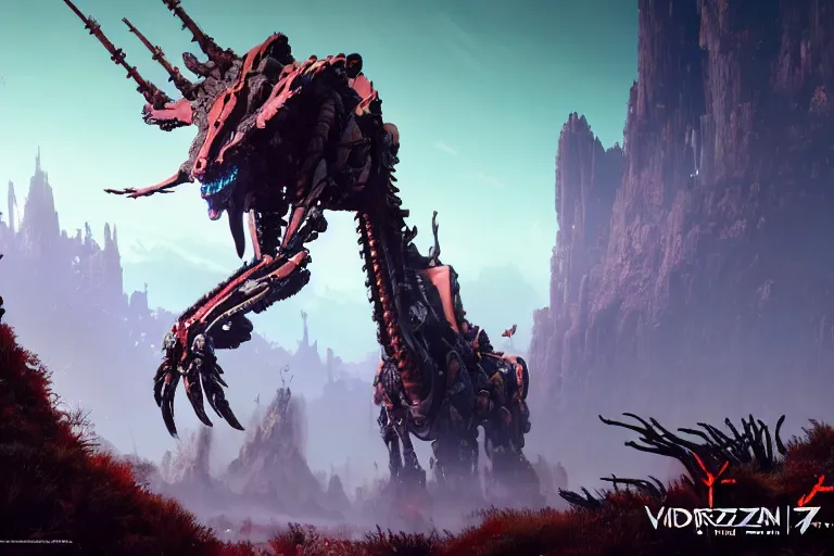 Image similar to wide epic shot. a hyper detailed fanghorn evangelion realistic mechanical and organic creature similar look as horizon forbidden west horizon zero dawn, bioluminiscence in a dark deep forest at dawn in spring, with reflection and textures, by kilian eng, substance painter reaslitic mech surface metal painted scratches, world env from horizon forbidden west horizon zero dawn