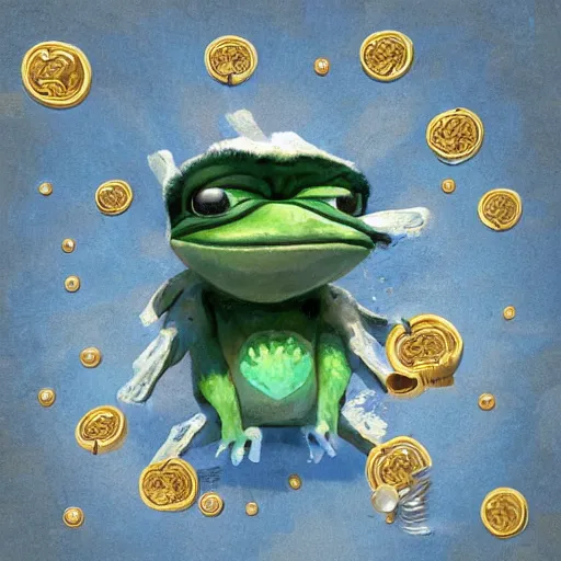 Image similar to super rich happy pepe, coins, gold, crystals, greg rutkowski