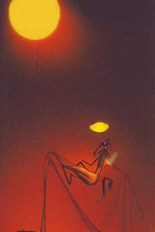 Image similar to mosquito plotting a plan on a bug net at night, with a dramtic lighting, painted by Dean Ellis