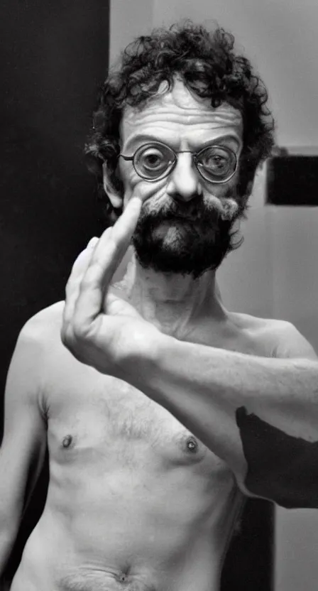 Image similar to Terence McKenna with his shirt off mirror selfie