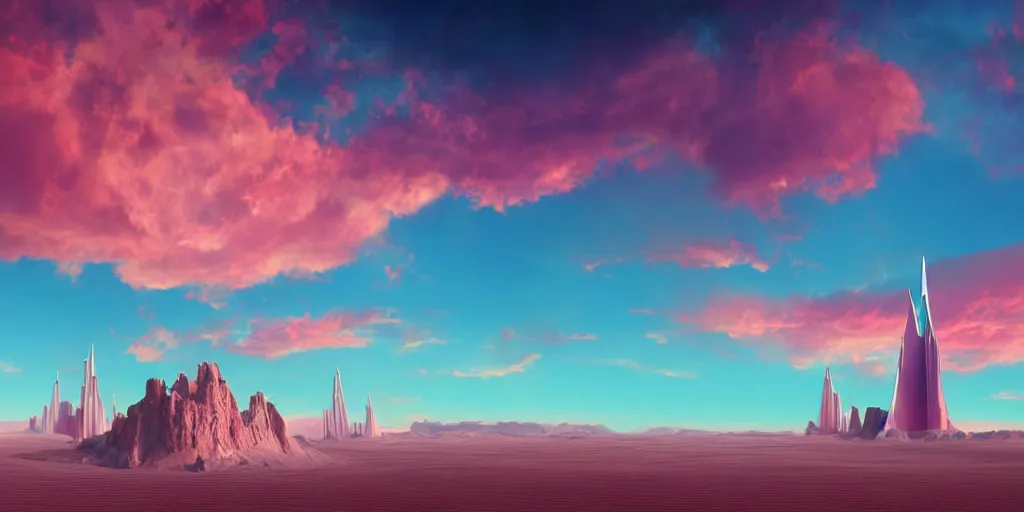 Image similar to artistic rendering of a cinematic shot of a scifi fantasy desertscape, beautiful pink sky, blue geometric tower with spires, processing the soul of an ancient alien