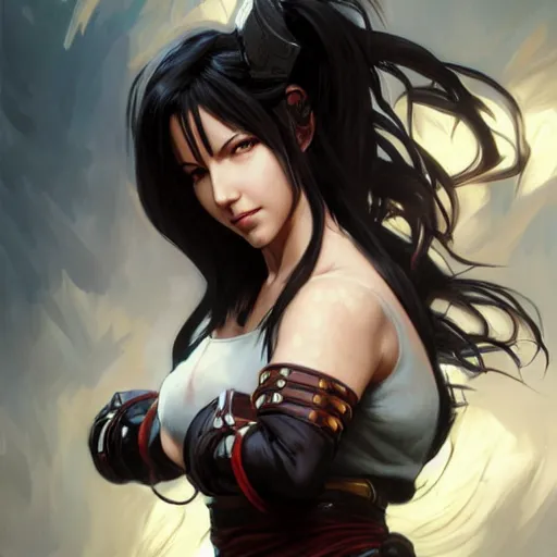 Prompt: an epic fantasy comic book style portrait painting of tifa, d & d, fantasy, joyful smirk, intricate, elegant, digital painting, artstation, concept art, extremely detailed, matte, sharp focus, illustration, art by artgerm and greg rutkowski and alphonse mucha