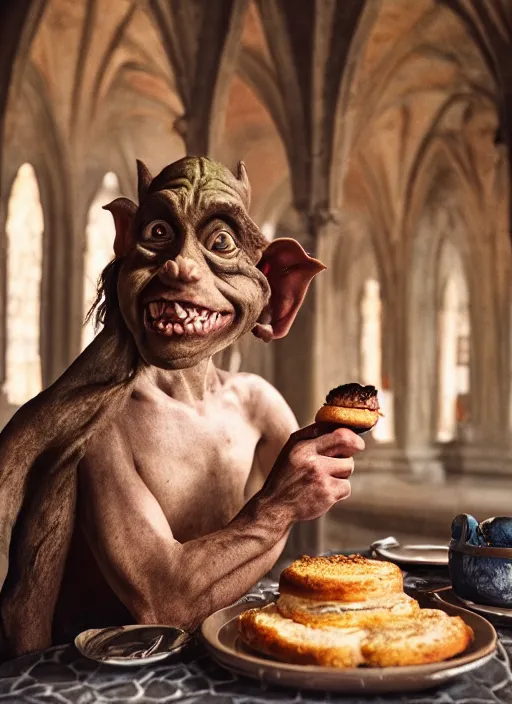 Image similar to closeup portrait of a medieval goblin eating cakes in the cloisters, depth of field, zeiss lens, detailed, symmetrical, centered, fashion photoshoot, by annie leibovitz and steve mccurry, david lazar, jimmy nelsson, breathtaking, 8 k resolution, extremely detailed, beautiful, establishing shot, artistic, hyperrealistic, beautiful face, octane render