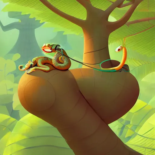 Image similar to Goro Fujita illustrating a snake with geometric figures climbing a large tree in a jungle, art by Goro Fujita, sharp focus, highly detailed, ArtStation