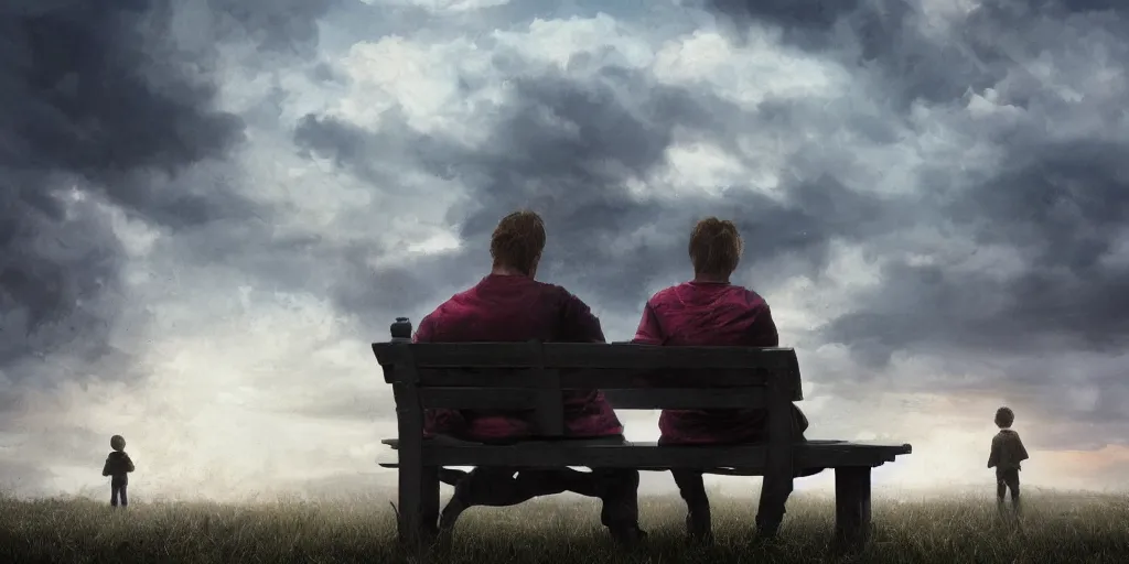 Image similar to a family with sorrow faces sitting on a bench, dramatic sky, close up shot, Greg Rutkowski, dramatic lighting