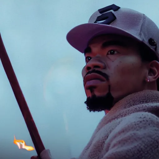 Image similar to cinematic film still of Chance The Rapper starring as a Samurai holding fire, Japanese CGI, VFX, 2022, 40mm lens, shallow depth of field, film photography