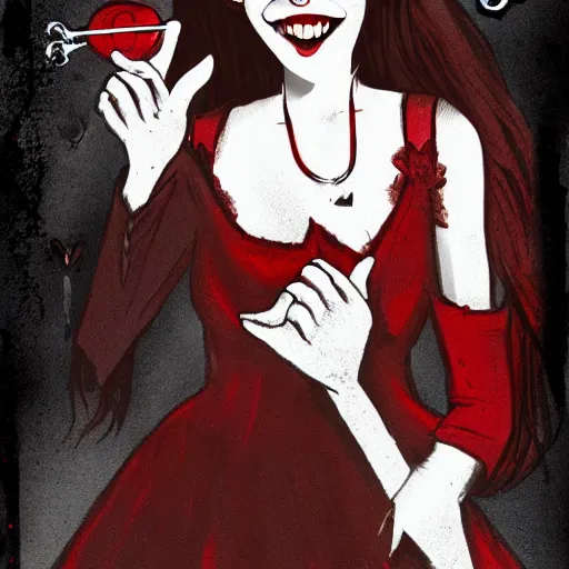 Image similar to a vampire girl with a smug smile on her pure white face, shes holding a key in her right hand and she is staring into your soul, in the background a dark red forest is burning to ashes