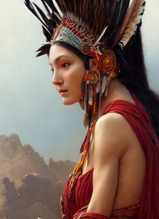 Image similar to gorgeous redskin woman wearing headdress, intricate, elegant, highly detailed, artstation, concept art, smooth, sharp focus, illustration, art by and greg rutkowski and orientalism and bouguereau