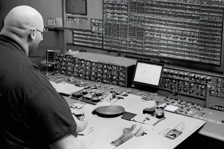 Prompt: heavyset bald man wearing a white shortsleeved shirt and blue jeans working in a nuclear silo control room by Roger Deakins