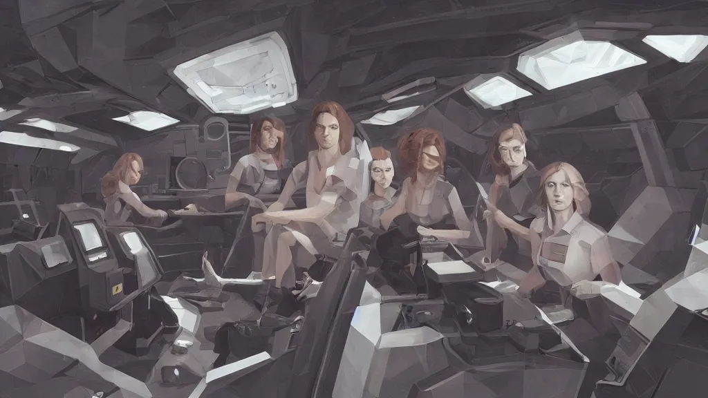 Prompt: all - female crew in a minimalistic, dark ( spaceship ), by jon foster, low poly.