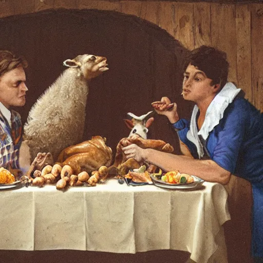 Prompt: farmyard animals eating a roast human at a table