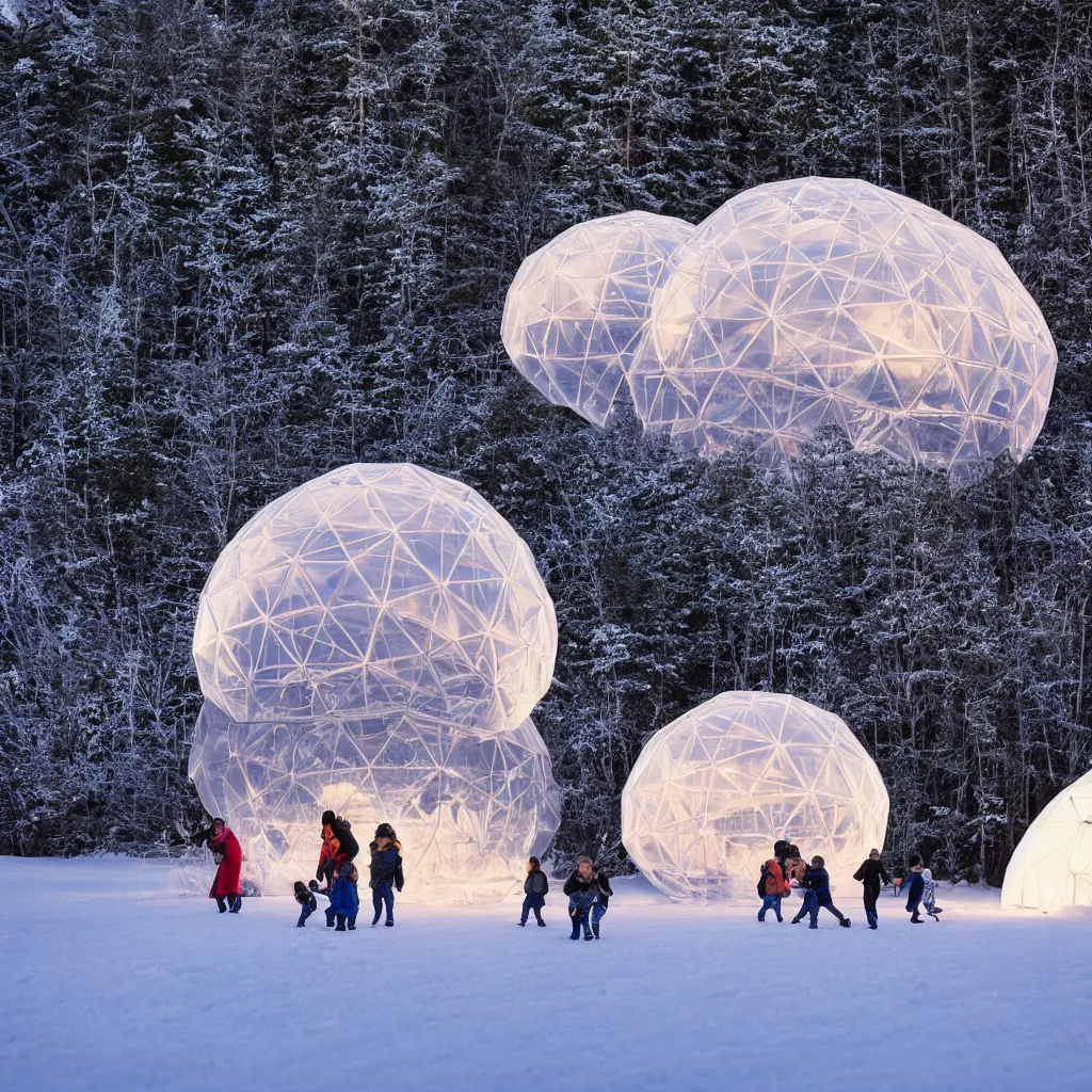 Prompt: A night photo of a family playing in the snow in front of glowing inflatable geodesic house made of clear plastic sheeting. The bubble house glows from within with warm light. The inflated bubble house is at the edge of a snowy winter forest by a frozen lake. Coronarender, 8k, photorealistic