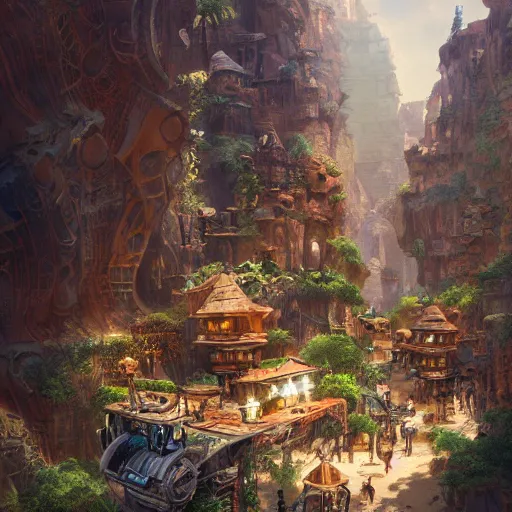 Prompt: an intricate steampunk village in a glorius canyon, morning light, moebius, zeen chin, landscape, cinematic, matte painting, high definition, 8 k, artstation