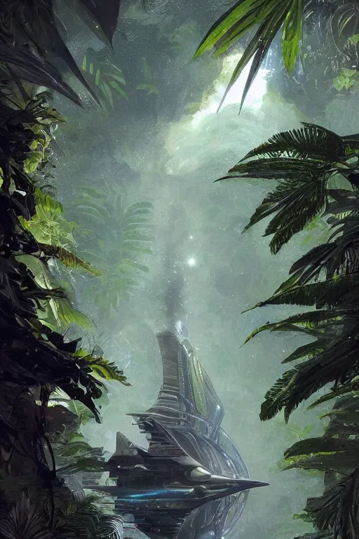 Prompt: a view of a frigate space ship in a magical tropical rain forest, D&D, fantasy, intricate, cinematic lighting, highly detailed, digital painting, artstation, concept art, smooth, sharp focus, illustration, art by Terry Moore and Greg Rutkowski and Alphonse Mucha