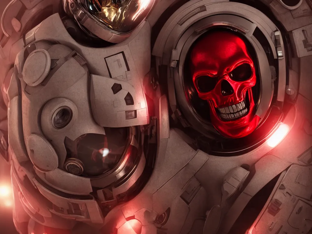 Image similar to ornate red skull in astronaut suit, gold linens, cinematic lighting, dramatic, octane render, long lens, shallow depth of field, bokeh, anamorphic lens flare, 8k, hyper detailed, 35mm film grain