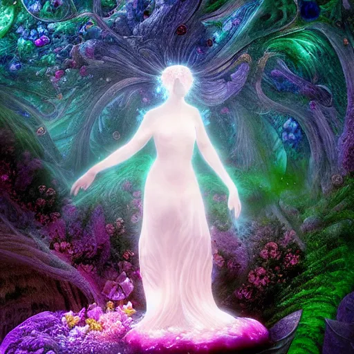 Image similar to glowing delicate flower and mushrooms that grow in a dark fatansy forest on the planet Pandora, an idealistic marble statue with fractal flowery hair in a fractal garden,