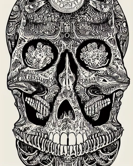 Prompt: an intricate exploding skull, screen print, art by Gustavo Bernal, Garavato