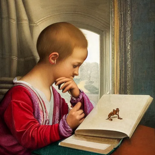 Prompt: hyperrealistic hyperdetailed elaborate minimalist half-lenght side portrait of a child, reading an interesting maximalist illustrated book inside a modern room. in the style of Michelangelo and Caravaggio. amazing textures and light. flemish baroque, vibrant colours. matte background. HD 8x no frame