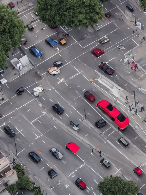 Image similar to traffic blocked by a giant boot. a giant foot stepping down onto the street and blocking cars. drone footage, award - winning photography, photojournalism