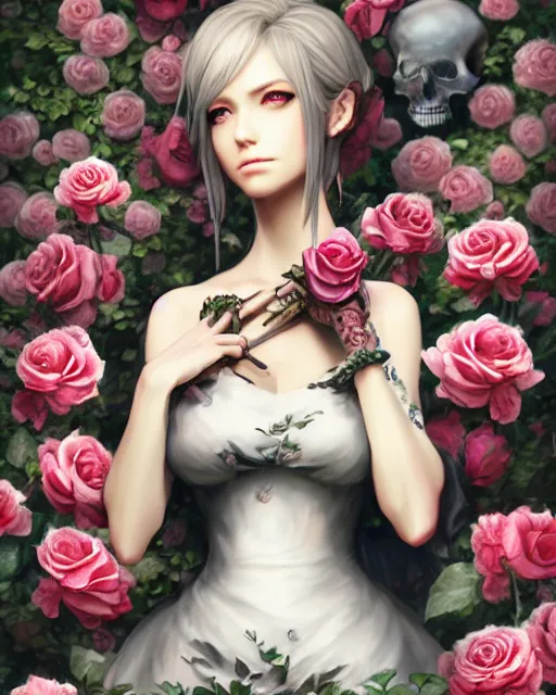 Image similar to an elegant lady surrounded by skulls in a garden full of roses, final fantasy, final fantasy, cushart krenz, very detailed, realistic face, detailed face, matte, tonemapping, perfection, 4 k,