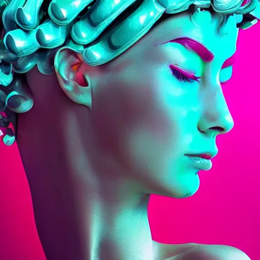 Prompt: Vass Roland cover art arms lips future bass girl un wrapped statue bust curls of hair petite!!!!!! lush side view body photography model full body!!! curly!!!!! jellyfish lips art contrast vibrant futuristic fabric skin jellyfish material metal veins!!!!! style of Jonathan Zawada, Thisset colours simple background objective