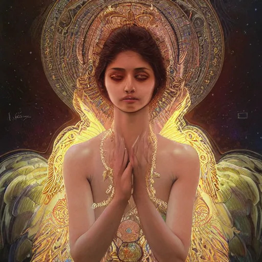 Image similar to Sri lankan girl as a winged angel covered in eyes with glowing halo, iridescent, seraphim, fantasy, intricate, elegant, highly detailed, digital painting, artstation, concept art, smooth, sharp focus, illustration, art by Krenz Cushart and Artem Demura and alphonse mucha