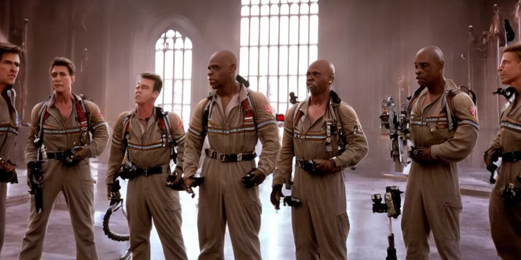 Prompt: tom cruise, jean - claude van damme, brad pitt and dave chapelle as the ghostbusters capturing ghosts inside a church with sun shining through the colored window