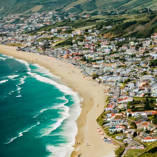 Prompt: down angled view of an seaside town, ocean, town, beach, hills