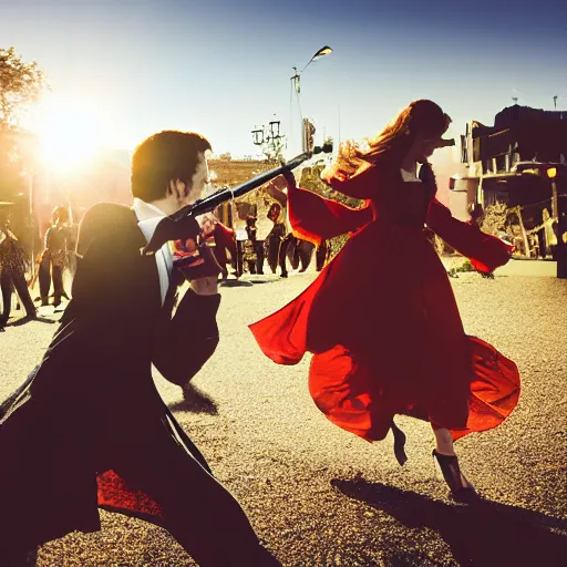 Prompt: <photograph lighting=bright rating=high>Vampires Dancing In the Sun Holding Guns</photograph>