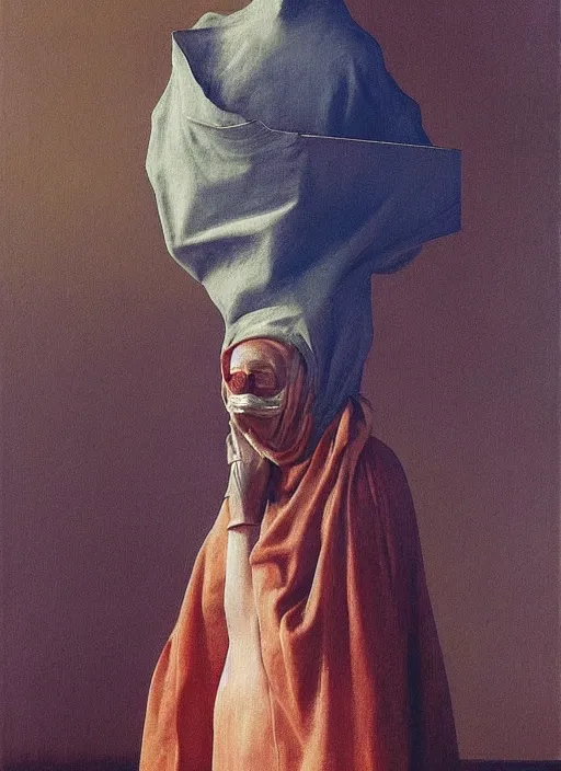 Image similar to woman with a paper bag over the head and a sward Edward Hopper and James Gilleard, Zdzislaw Beksinski, Steven Outram highly detailed