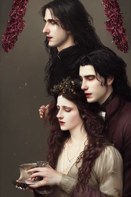 Image similar to romance Bookcover, a portrait of handsome young male vampire with long hair and his elegant beautiful dark bohemian wife, bored, illustration, dramatic lighting, soft details, painting oil on canvas, art nouveau, octane render, HDR, 4k, 8k, HD, by Edmund Blair Leighton, Brom, Charlie Bowater, trending on artstation, faces by Tom Bagshaw, Sargent