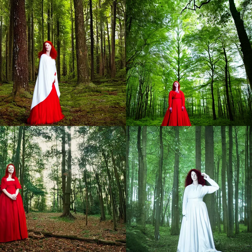 Prompt: a beautiful red-haired woman wearing a white gown, stands in a bright forest leaning against a tree, professional photographic lighting, by Marina Abramovic