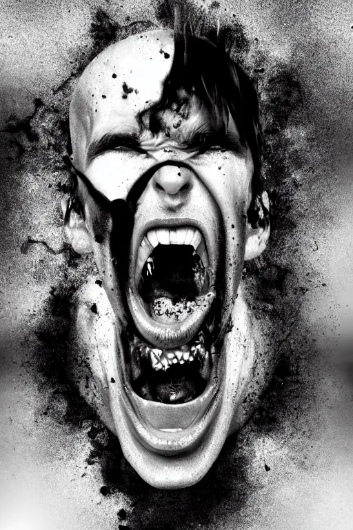 Prompt: his endless screaming makes his own mind eat him up, abstract, surrealism, black and white, artstation, deviantart, pinterest, 8 k