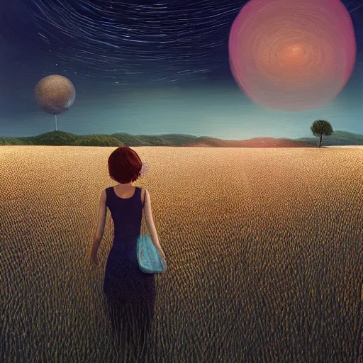 Image similar to giant daisy flower as a head, girl walking in wheat field, hills, surreal photography, moon light, dark night, star trails, dramatic light, impressionist painting, clouds, digital painting, artstation, simon stalenhag