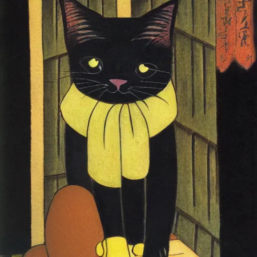 Image similar to a sitting black cat with yellow eyes by tsuguharu foujita, with a background, highly detailed, high quality, restored, historical art piece