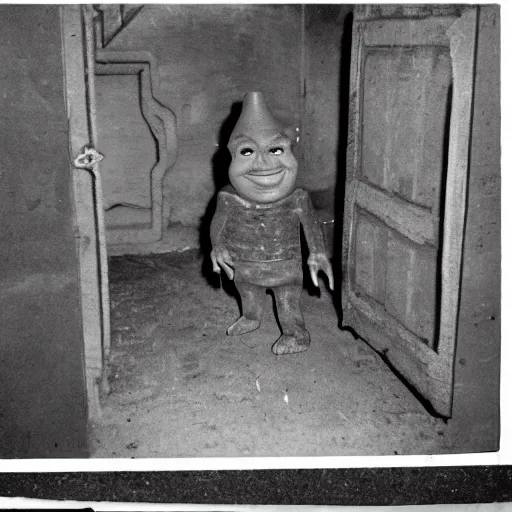 Prompt: old photo of Shrek hidden in a dark basement