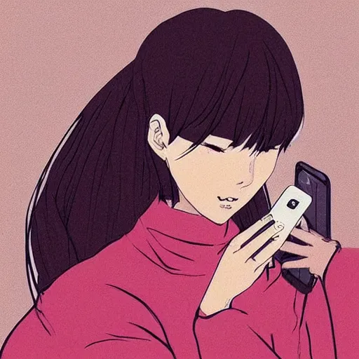 Image similar to a woman holding a cell phone up to her face, a picture by lu ji, tumblr, aestheticism, stylish, elegant, anime aesthetic