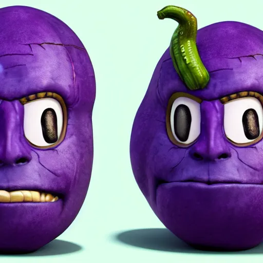 Image similar to thanos as an eggplant with eggplant features with the face of thanos, realistic, hyperrealistic, ultra realistic, real, real world, highly detailed, very detailed, extremely detailed, intricate details, 8 k resolution, hd quality