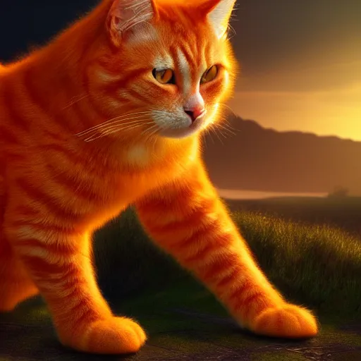 Prompt: colossal fluffy orange tabby cat, golden hour, fantasy, vivid colors, sharp focus, digital art, hyper - realistic, 4 k, unreal engine, highly detailed, hd, dramatic lighting by brom, trending on artstation