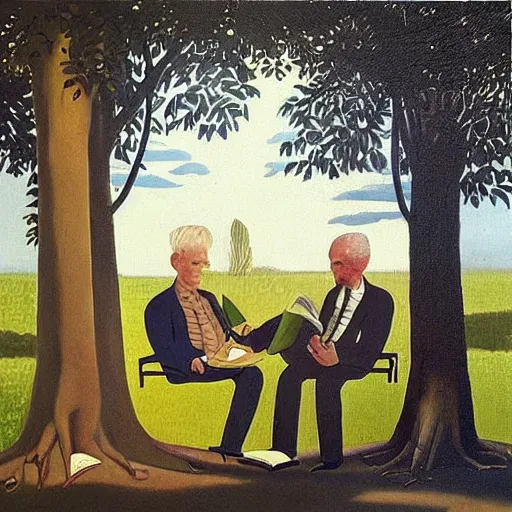 Prompt: “an idyllic painting of two men sitting on a bus, both reading heavy old books, one is blond, the other dark haired. Wearing monocles!!. In the style of neo rauch. Symmetric”