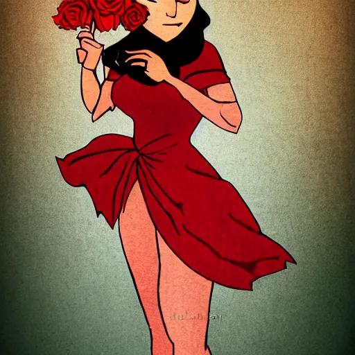 Prompt: a woman holding a red flower by tim doyle