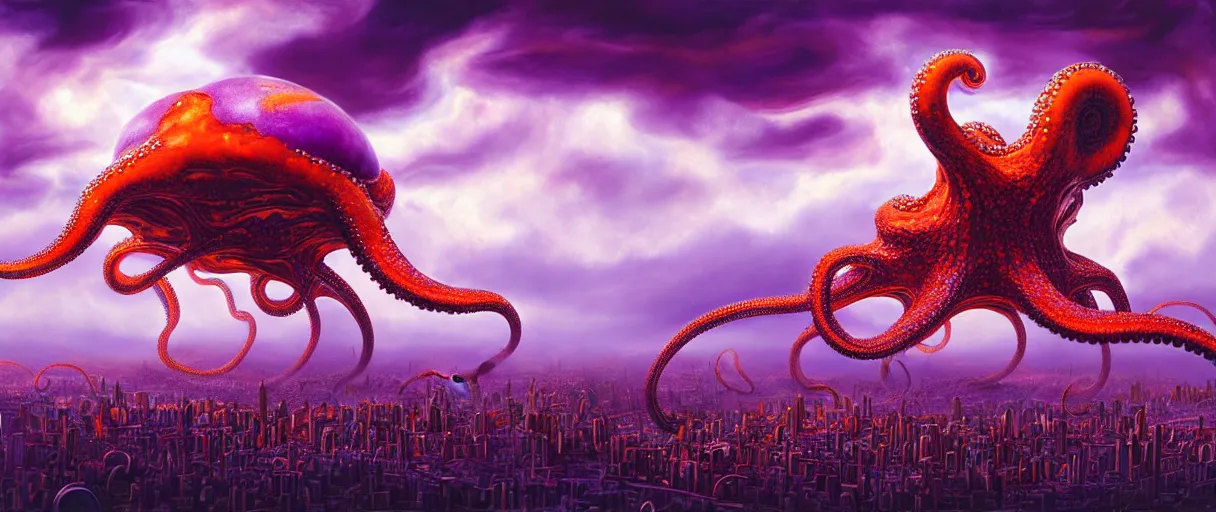 Prompt: hyperrealistic hyper-ornate bio-morphic sky city on giant orange and purple cyborg octopus puffy clouds matte painting concept art salvador dali alex grey cinematic soft glow lighting high angle hd 8k sharp shallow depth of field