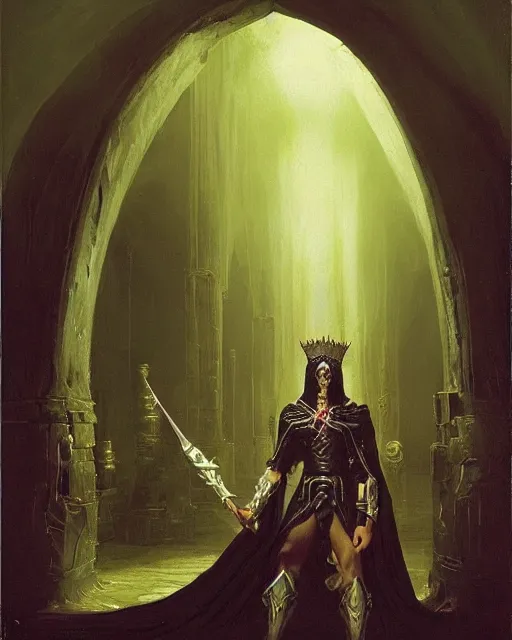 Prompt: A dark mage. He is wearing mage armor and a crown. He is frowning seriously. He is preparing to cast a dark spell. He is standing in a wizards room. Award winning oil painting by Thomas Cole and Wayne Barlowe. Highly detailed