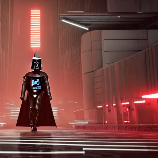 Image similar to photo of Darth vader walking in a futuristic city in a dystopian future made of electronic components and looks like a giant pcb board. Very detailed 8k. Unreal engine 5 render with nanite, global illumination and path tracing. Cinematic post processing. Emphasize on the colors black and red.